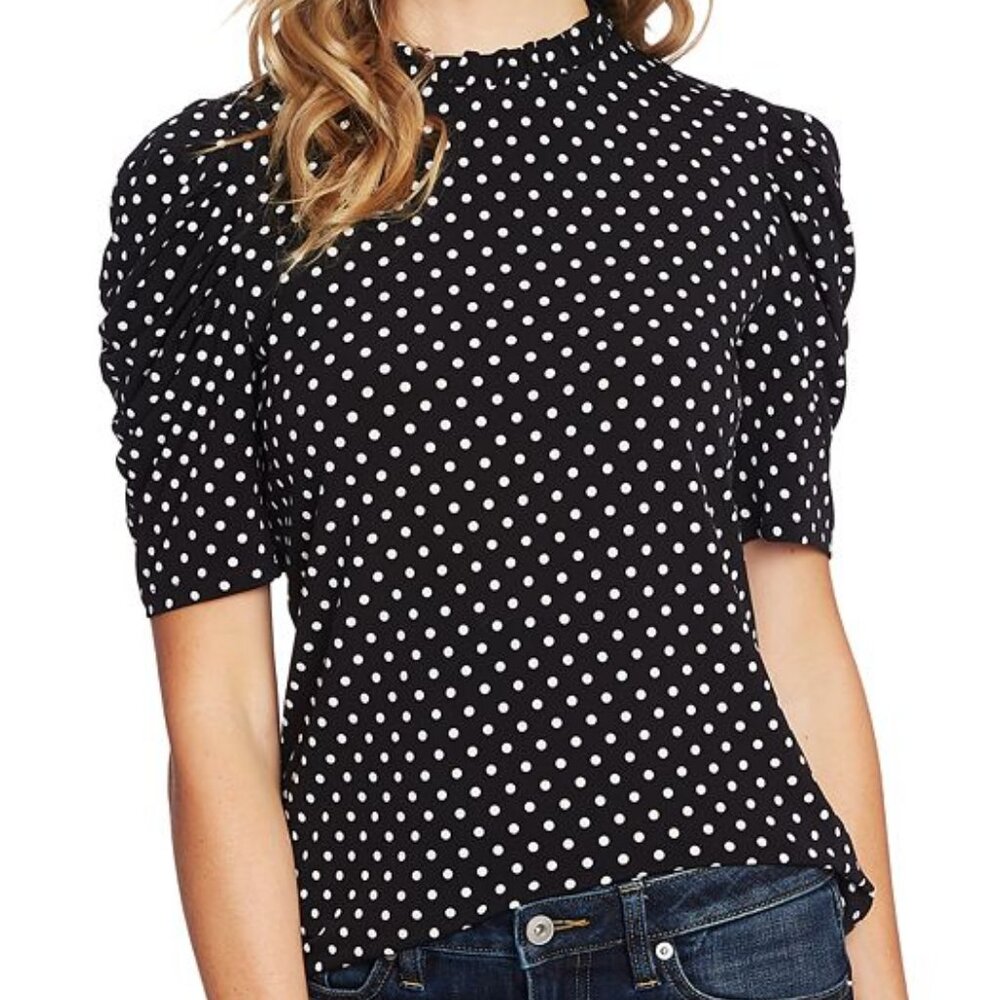 Cece Woman's Polka Dot Puff Sleeve Ruffled Mock Neck Blouse Nordstrom XL